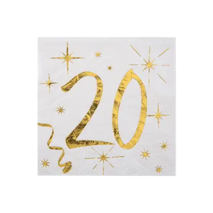 Serviette en Papier Blanc/Or 20 ans (Lot de 20)