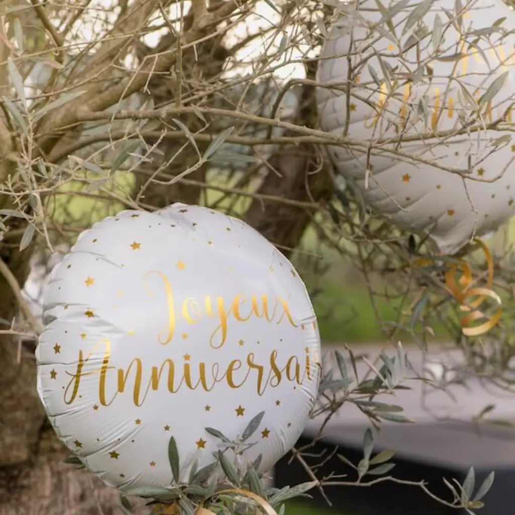 Ballon Joyeux Anniversaire Blanc/Or ø45cm 