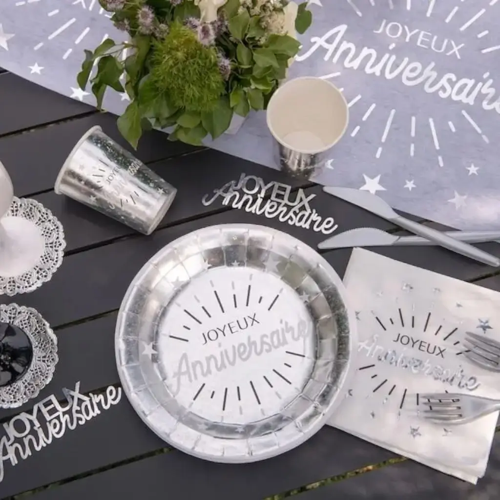 Assiette Joyeux Anniversaire Argent (lot de 10)