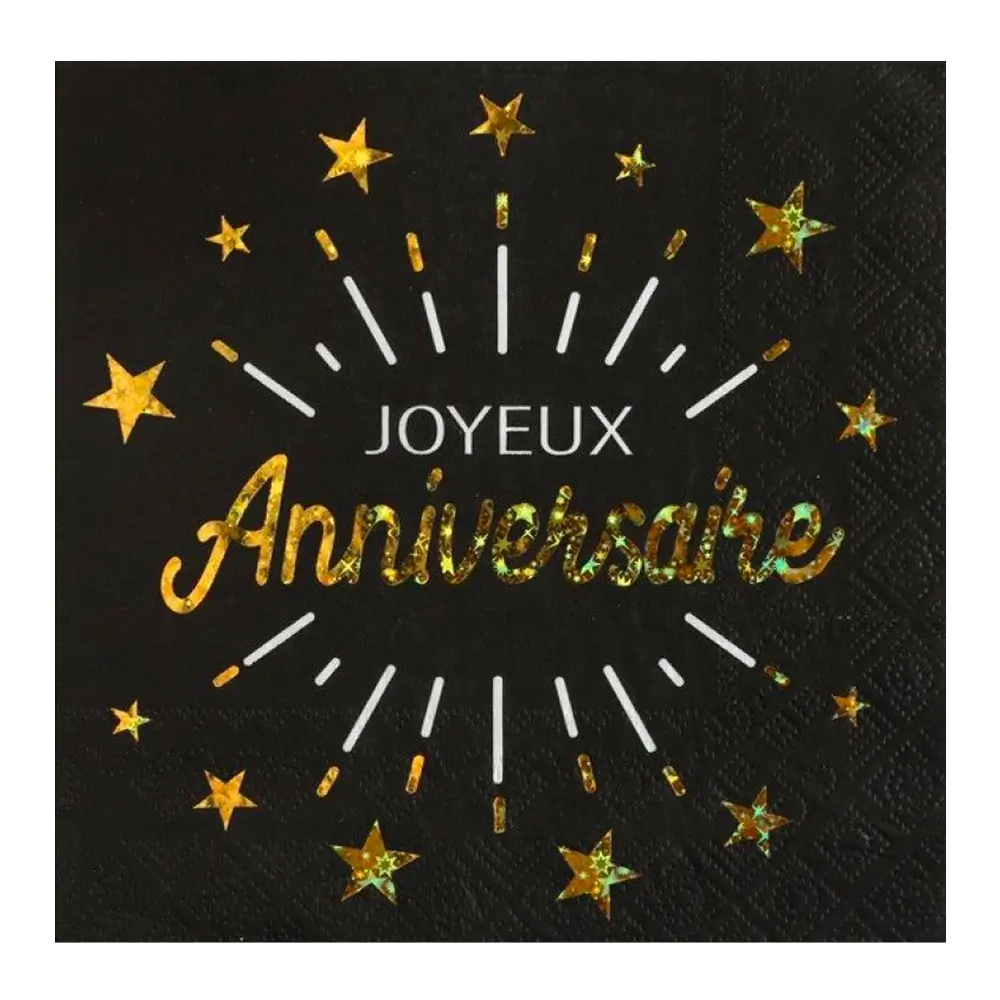 Serviette Joyeux Anniversaire Noir/Or (lot de 10)