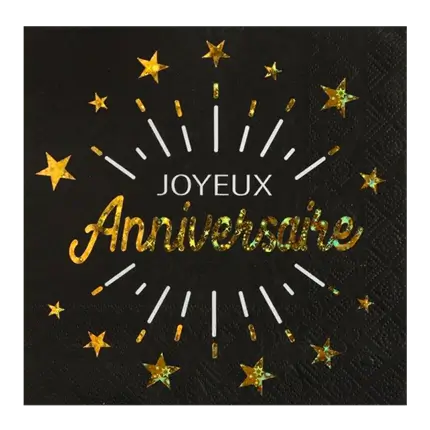 Serviette Joyeux Anniversaire Noir/Or (lot de 10)