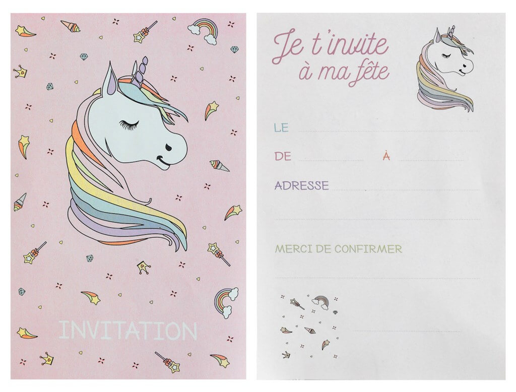 Carte Invitation Licorne Rose (Lot de 6)