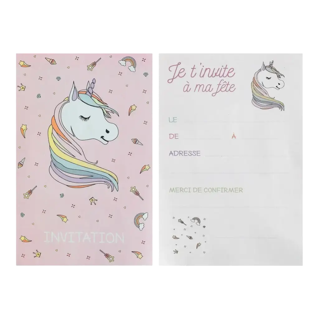 Carte Invitation Licorne Rose (Lot de 6)