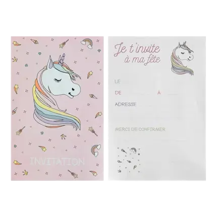 Carte Invitation Licorne Rose (Lot de 6)