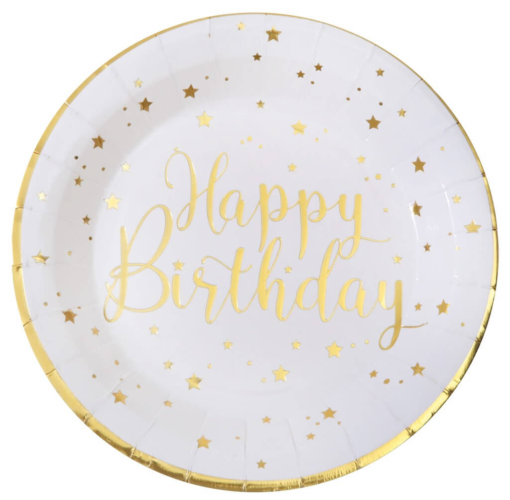 Assiette Happy Birthday Or/Blanc (lot de 10)