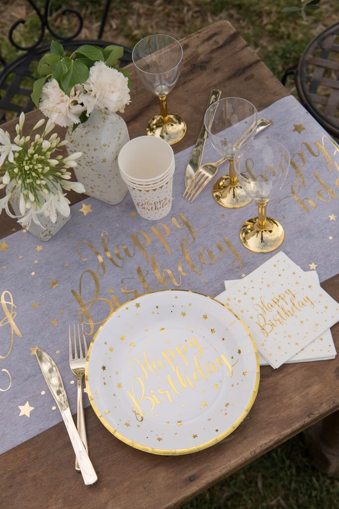 Assiette Happy Birthday Or/Blanc (lot de 10)