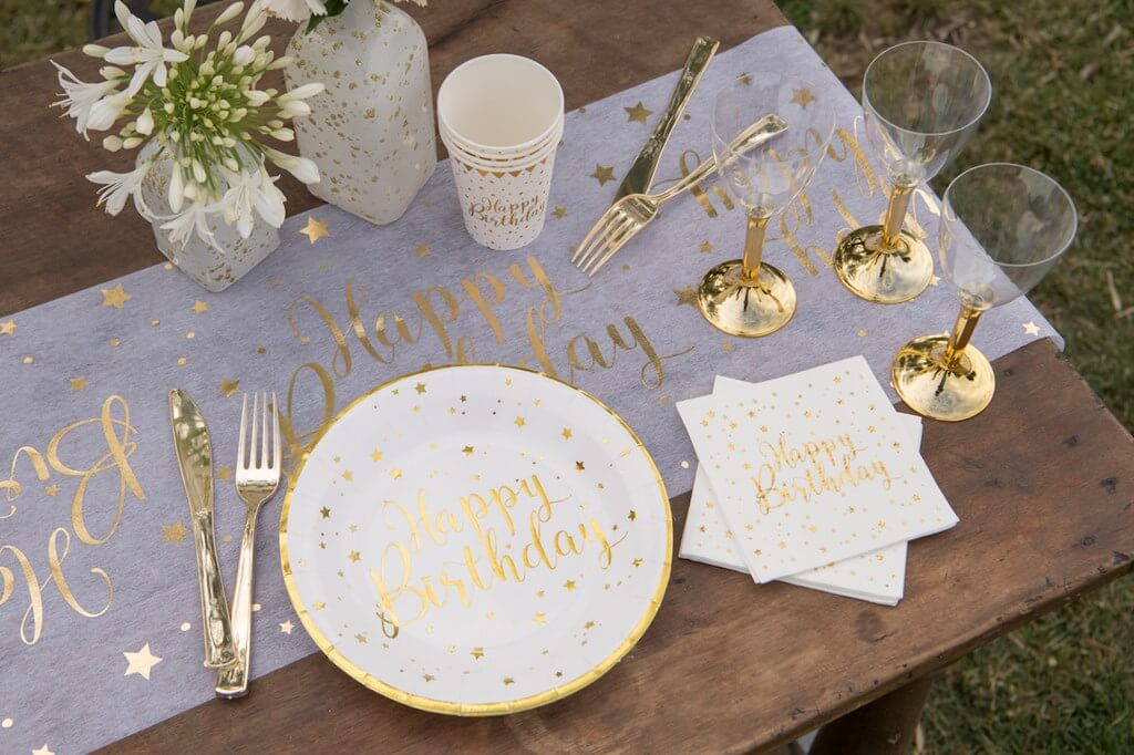 Assiette Happy Birthday Or/Blanc (lot de 10)