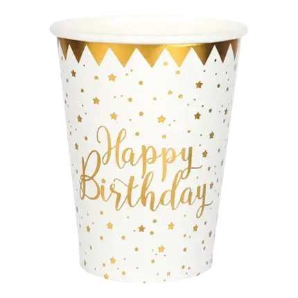 Gobelet Happy Birthday Or/Blanc (lot de 10)