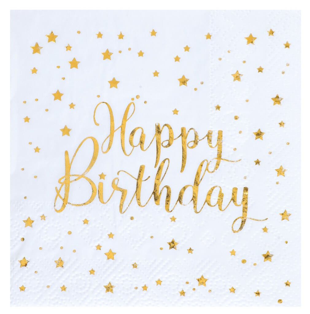 Serviette Happy Birthday Blanc/Or (lot de 20)