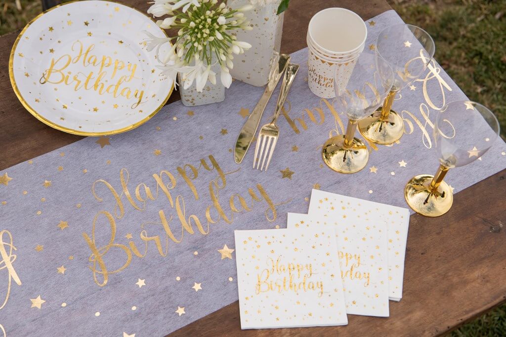 Serviette Happy Birthday Blanc/Or (lot de 20)
