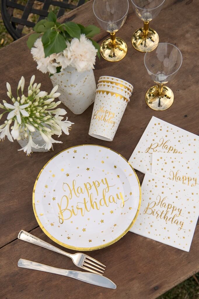 Serviette Happy Birthday Blanc/Or (lot de 20)