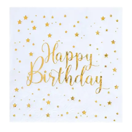 Serviette Happy Birthday Blanc/Or (lot de 20)