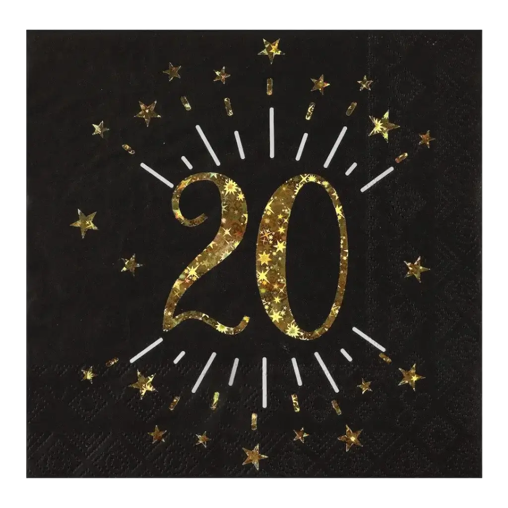 Serviette en papier 20 ans Noir/Or (lot de 10)