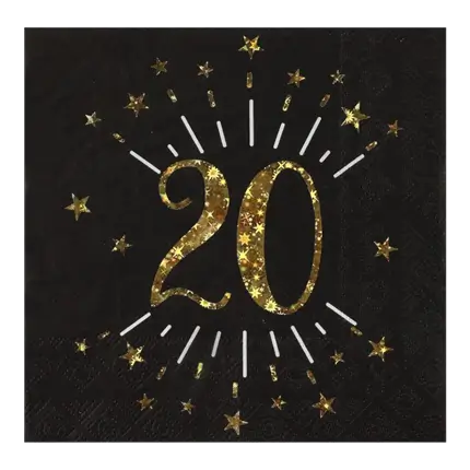 Serviette en papier 20 ans Noir/Or (lot de 10)