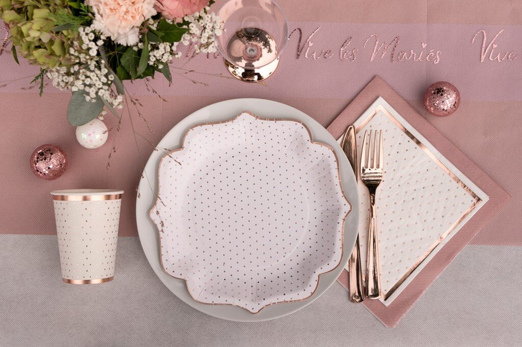 Assiette Originale Blanche à Pois Or Rose (lot de 10)