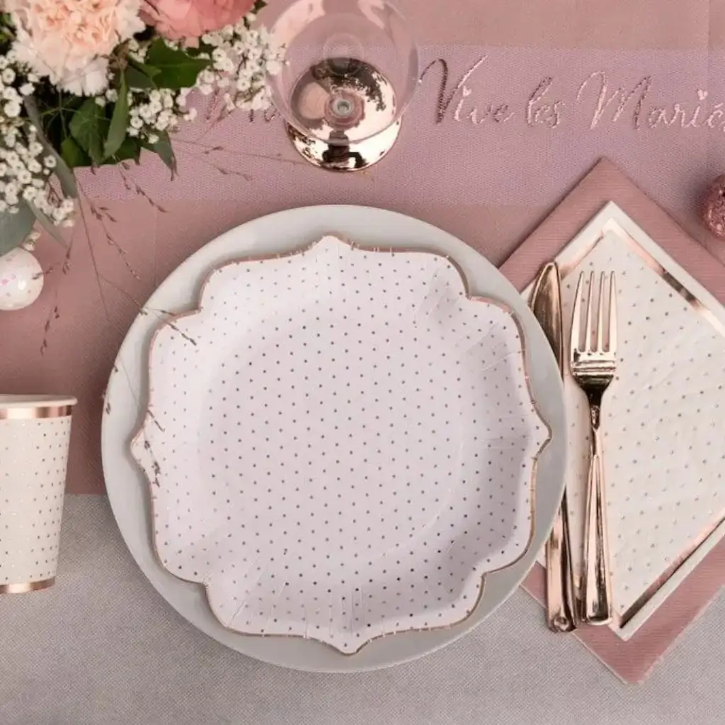 Assiette Originale Blanche à Pois Or Rose (lot de 10)