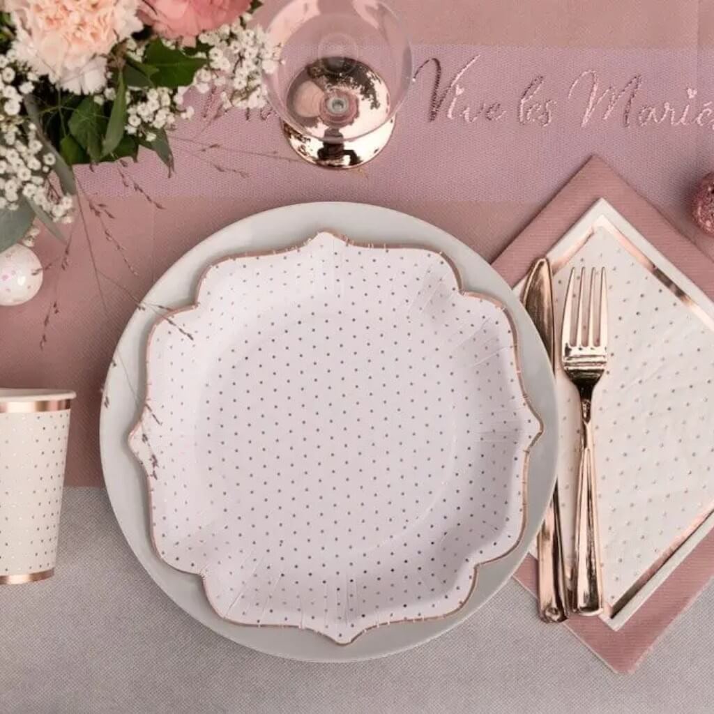 Serviette Blanche à Pois et Dorure Or Rose (lot de 20)