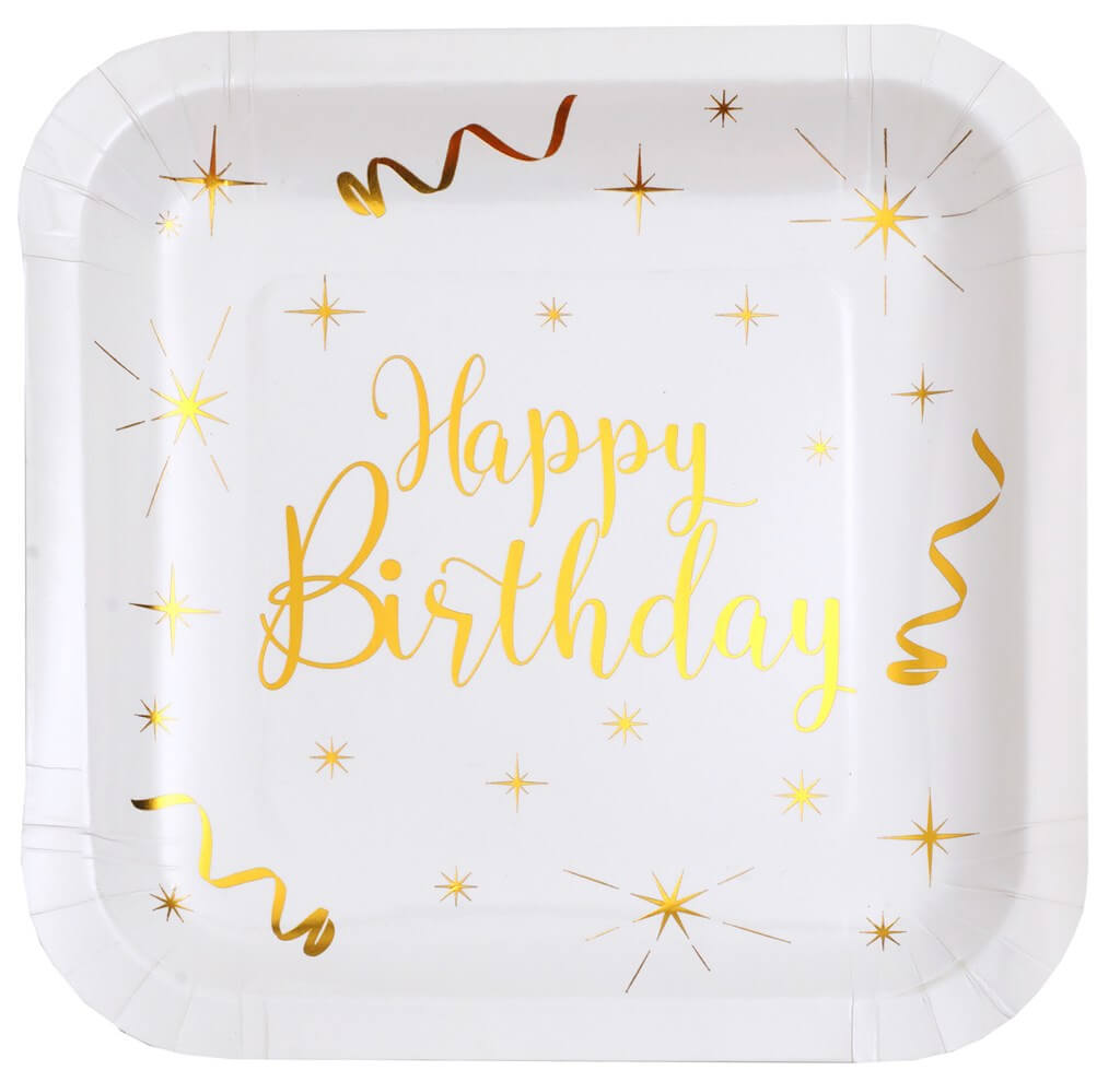 Assiette Carrée Happy Birthday Or/Blanc (lot de 10)