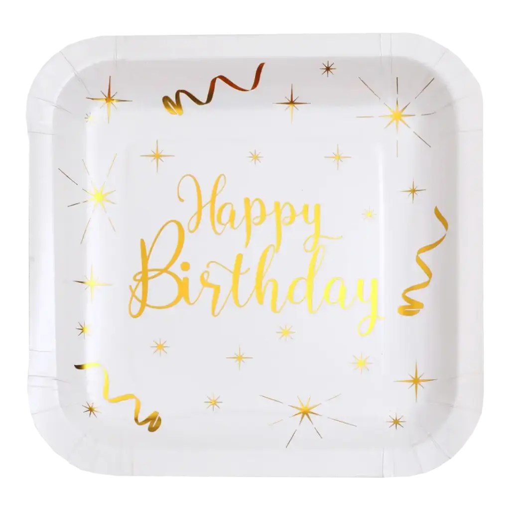 Assiette Carrée Happy Birthday Or/Blanc (lot de 10)