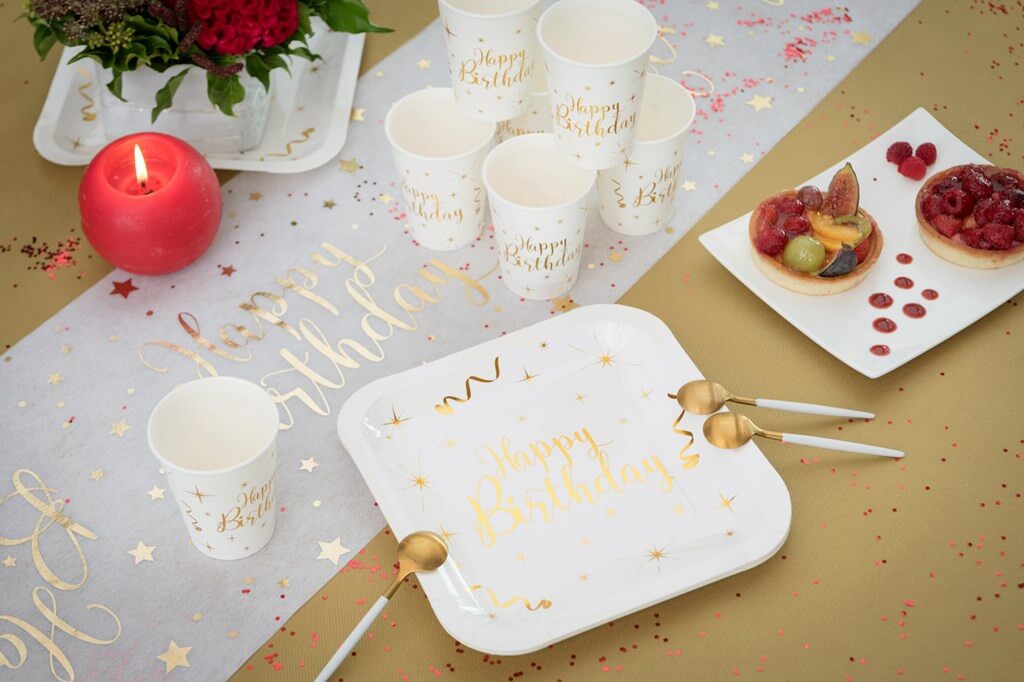 Assiette Carrée Happy Birthday Or/Blanc (lot de 10)
