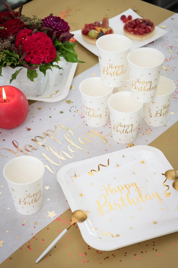 Assiette Carrée Happy Birthday Or/Blanc (lot de 10)
