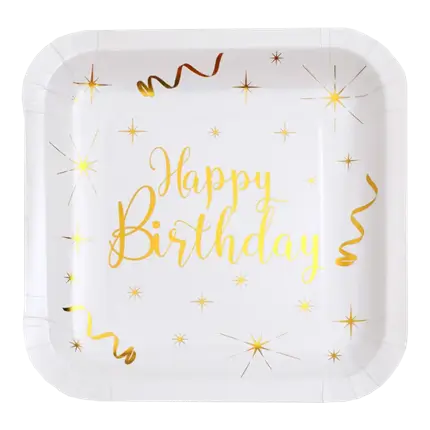 Assiette Carrée Happy Birthday Or/Blanc (lot de 10)