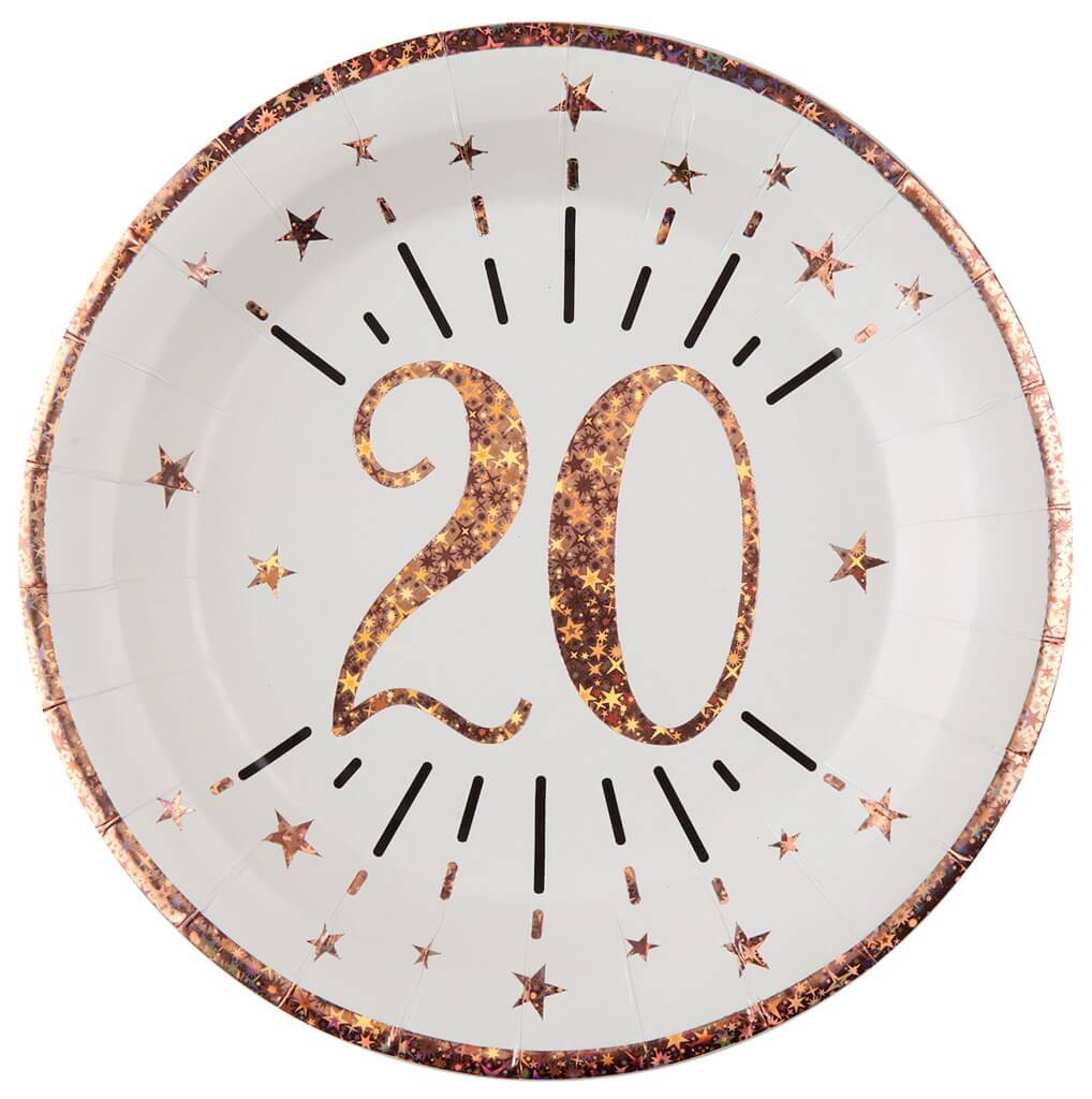 Assiette en papier 20 ans Blanc/Or Rose(lot de 10)
