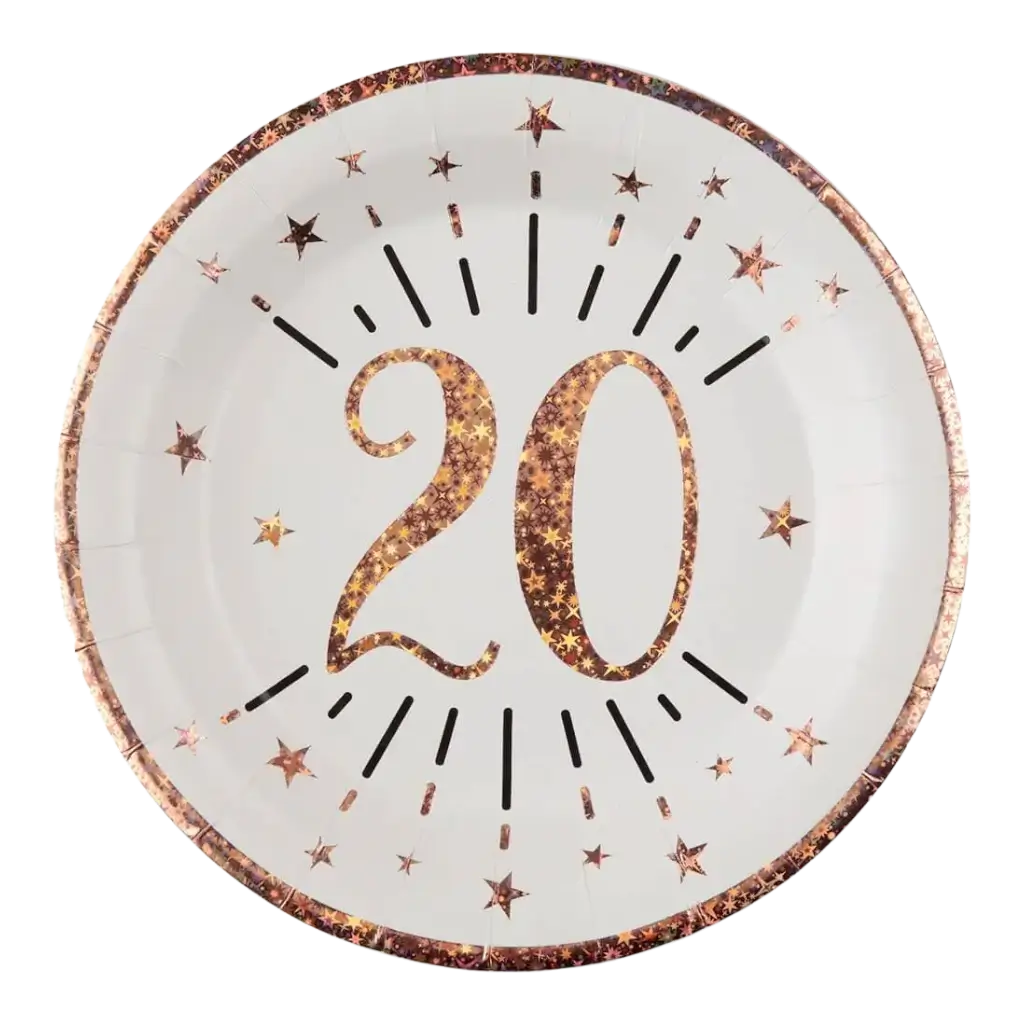 Assiette en papier 20 ans Blanc/Or Rose(lot de 10)