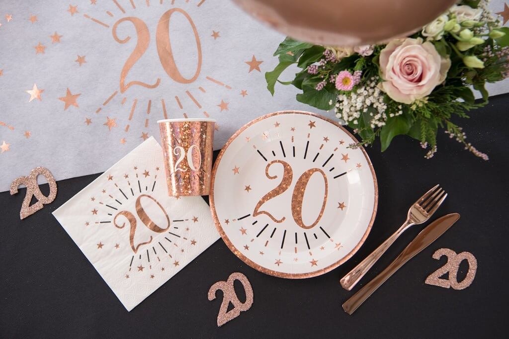 Assiette en papier 20 ans Blanc/Or Rose(lot de 10) : Décorations  anniversaire 20 ans sur Sparklers Club