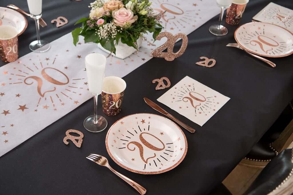 Assiette en papier 20 ans Blanc/Or Rose(lot de 10)