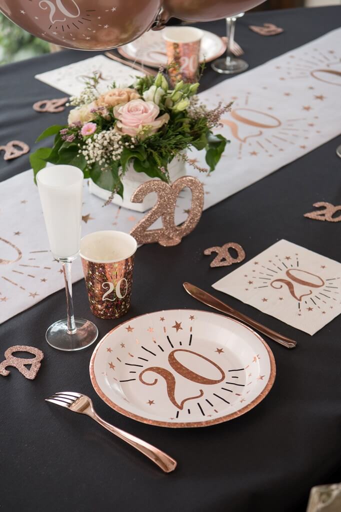 Assiette en papier 20 ans Blanc/Or Rose(lot de 10)