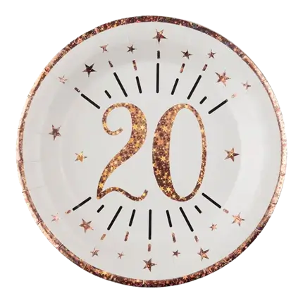 Assiette en papier 20 ans Blanc/Or Rose(lot de 10)