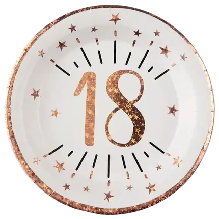 Assiette en papier 18 ans Blanc/Or Rose (lot de 10)