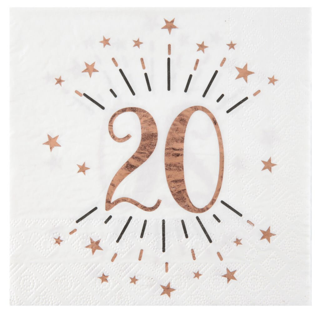 Serviette en papier 20 ans Blanc/Or Rose (lot de 10)