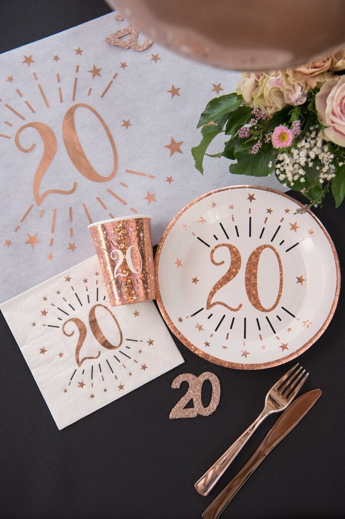 Serviette en papier 20 ans Blanc/Or Rose (lot de 10)