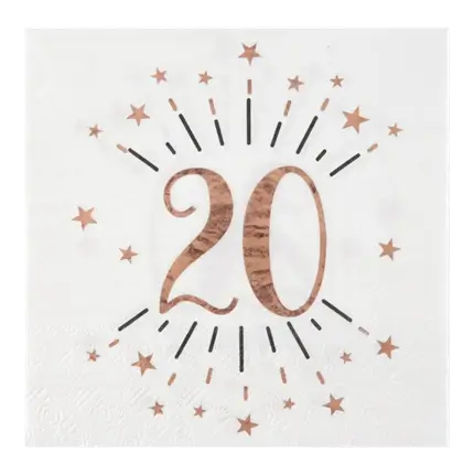 Serviette en papier 20 ans Blanc/Or Rose (lot de 10)