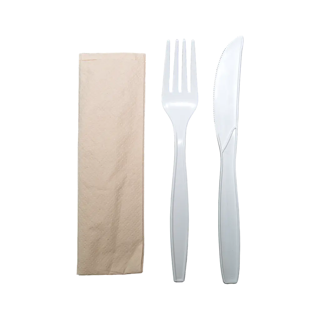 Kit mini couvert plastique PS blanc 3 en 1: fourchette couteau, serviette