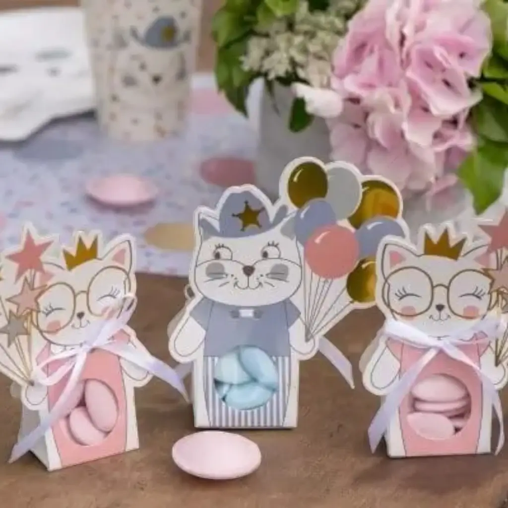 Boîte à dragées Kitty Party Rose - Lot de 6