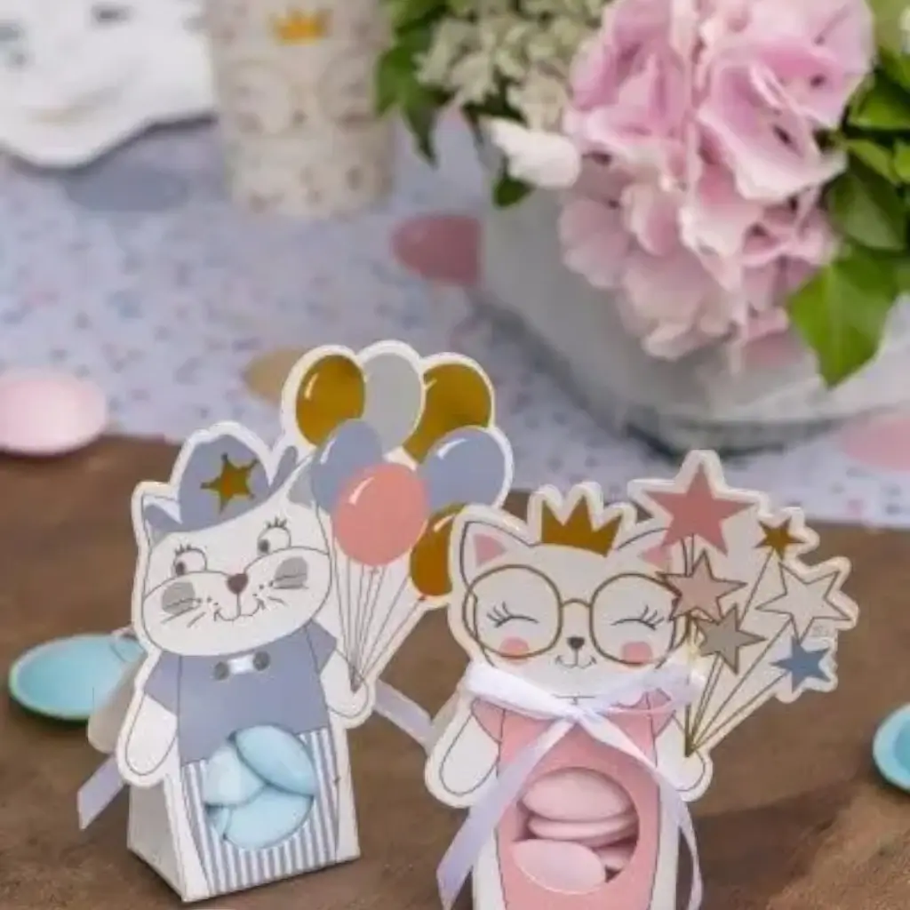 Boîte à dragées Kitty Party Rose - Lot de 6