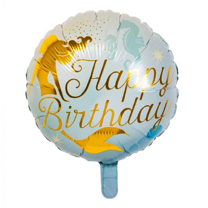 Ballon en aluminium Sirène Happy Birthday bleu et doré