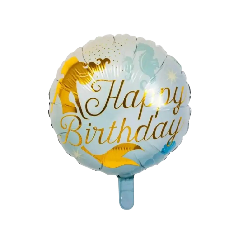 Ballon en aluminium Sirène Happy Birthday bleu et doré 