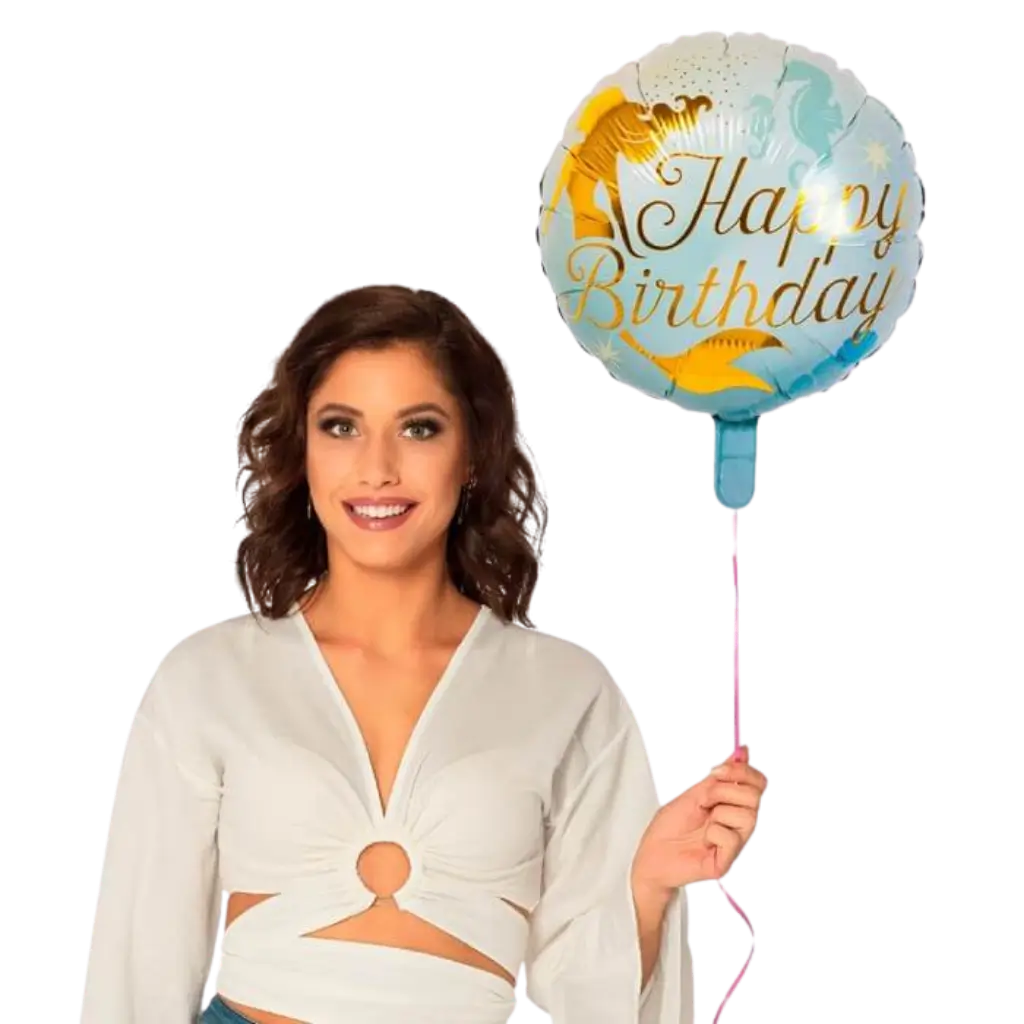 Ballon en aluminium Sirène Happy Birthday bleu et doré 