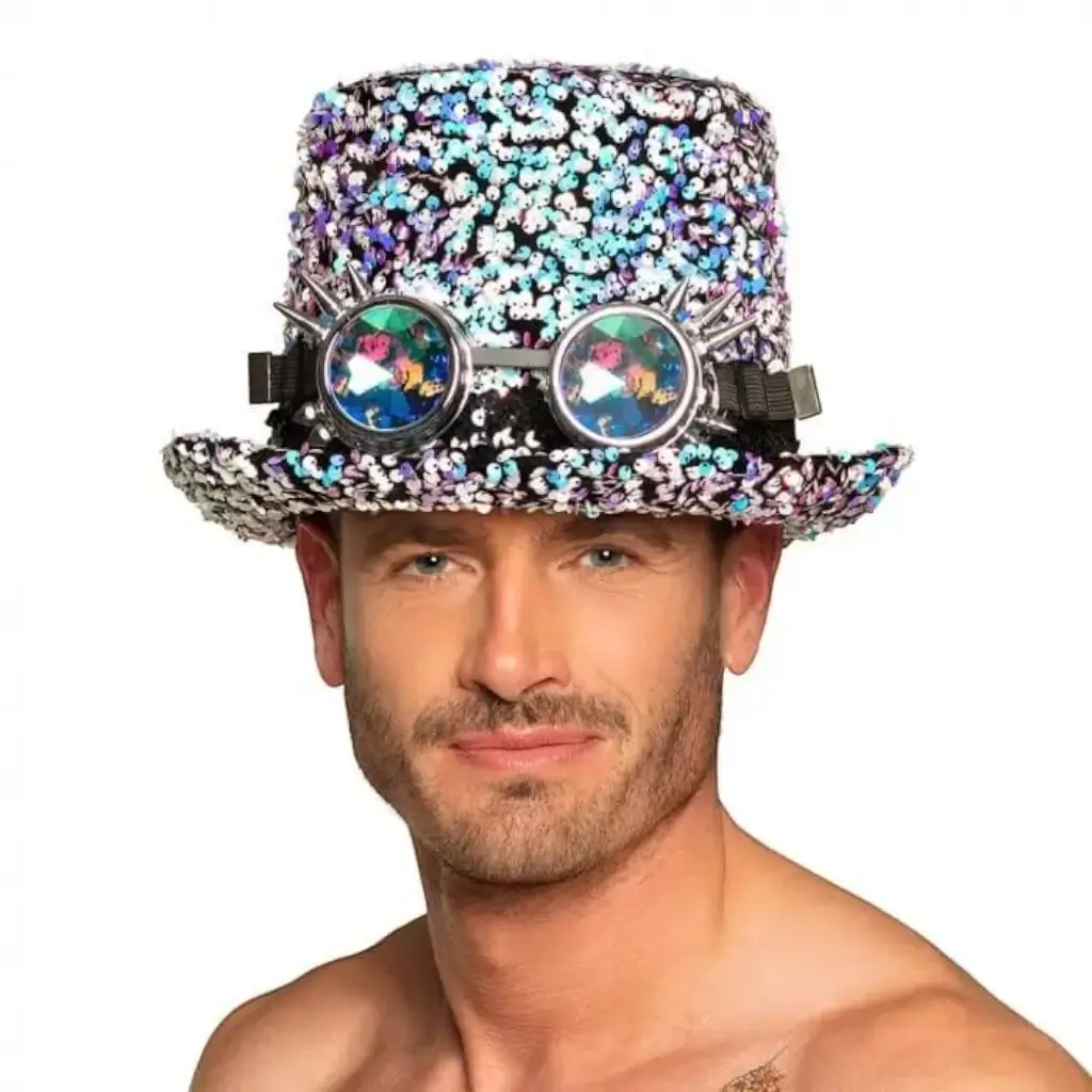 Chapeau Steampunk à strass argenté