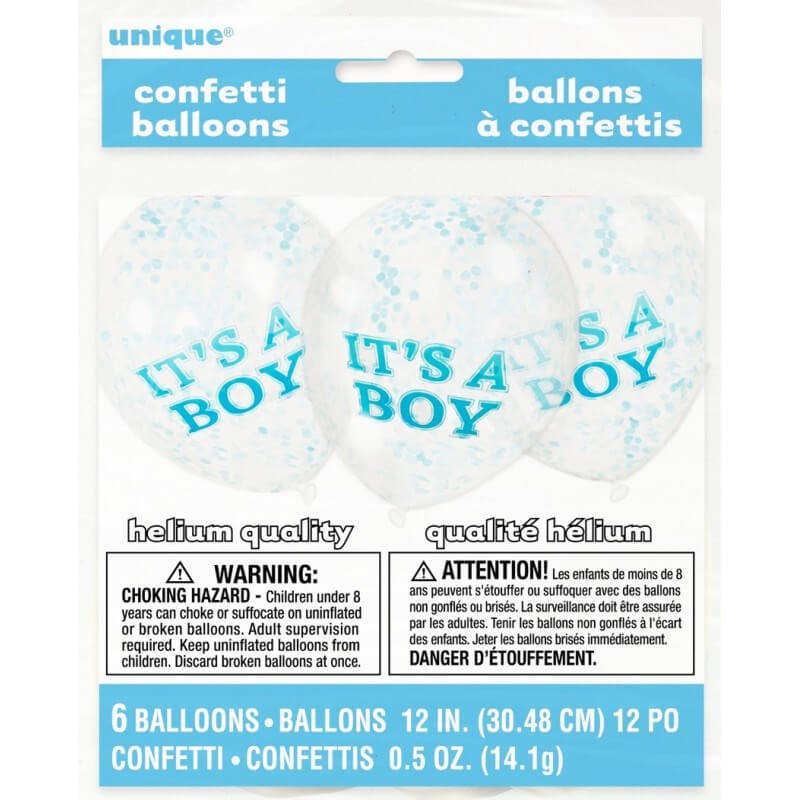 Ballon Transparent avec Confettis Bleu x6- Its a BOY- 30cm