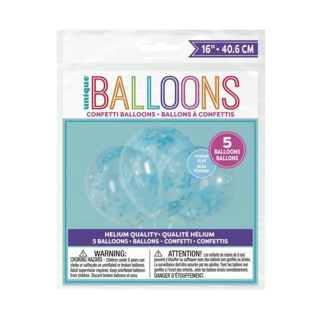 Ballons 40cm avec confettis cœur bleu - Lot de 5