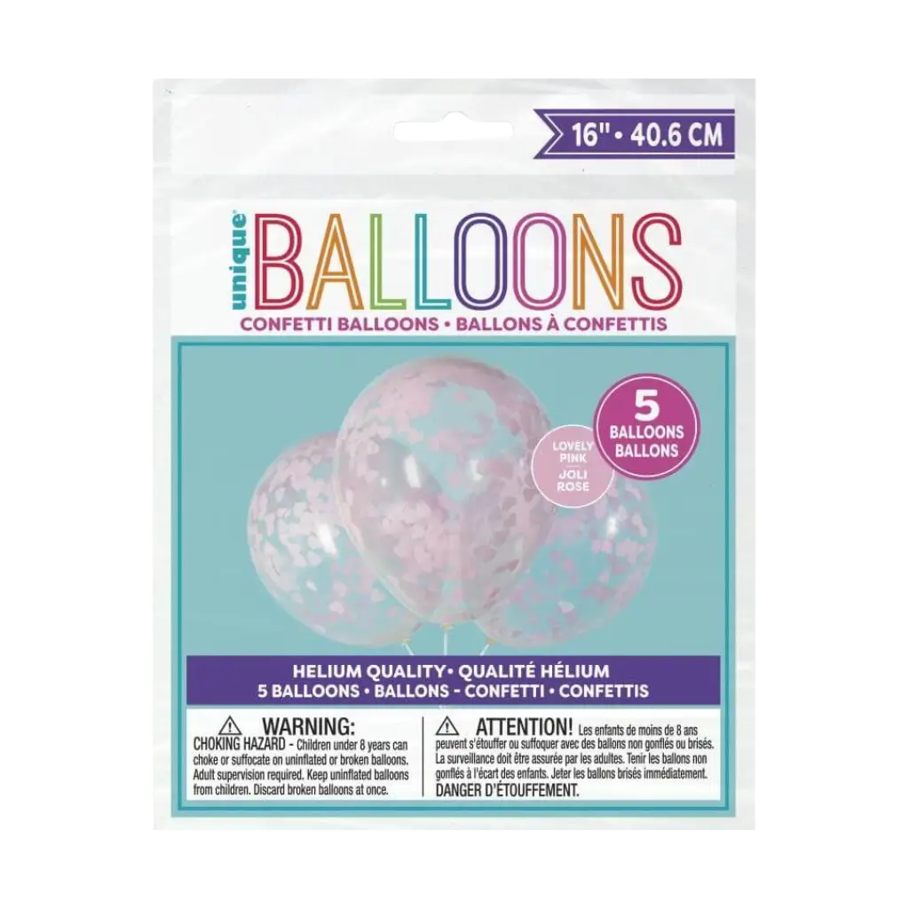 Ballons 40cm avec confettis cœur rose - Lot de 5