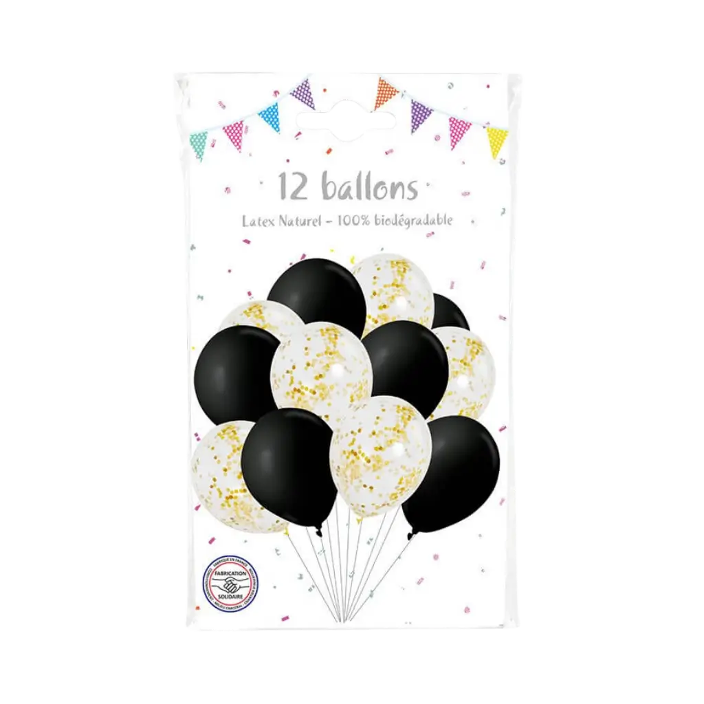 Lot de 6 Ballons Confettis métal Or & 6 ballons noirs - 30cm