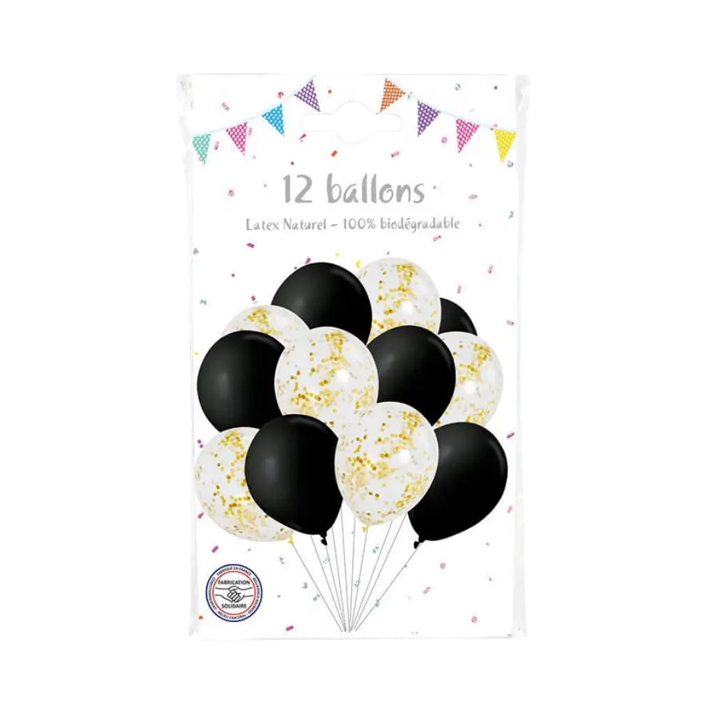 Lot de 6 Ballons Confettis métal Or &amp; 6 ballons noirs - 30cm
