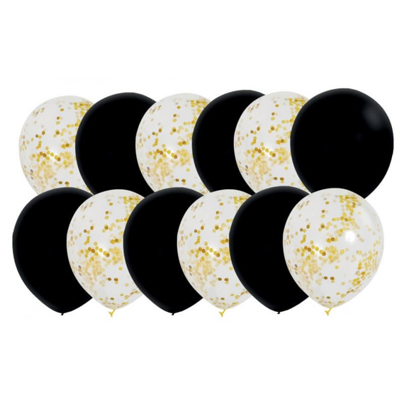 Lotto di 6 palloncini coriandoli in metallo dorato e 6 palloncini neri - 30  cm - Sparklers Club