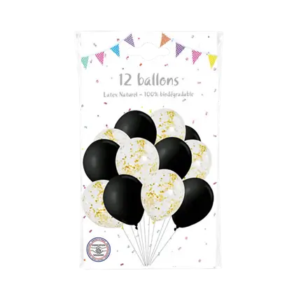 Lot de 6 Ballons Confettis métal Or & 6 ballons noirs - 30cm